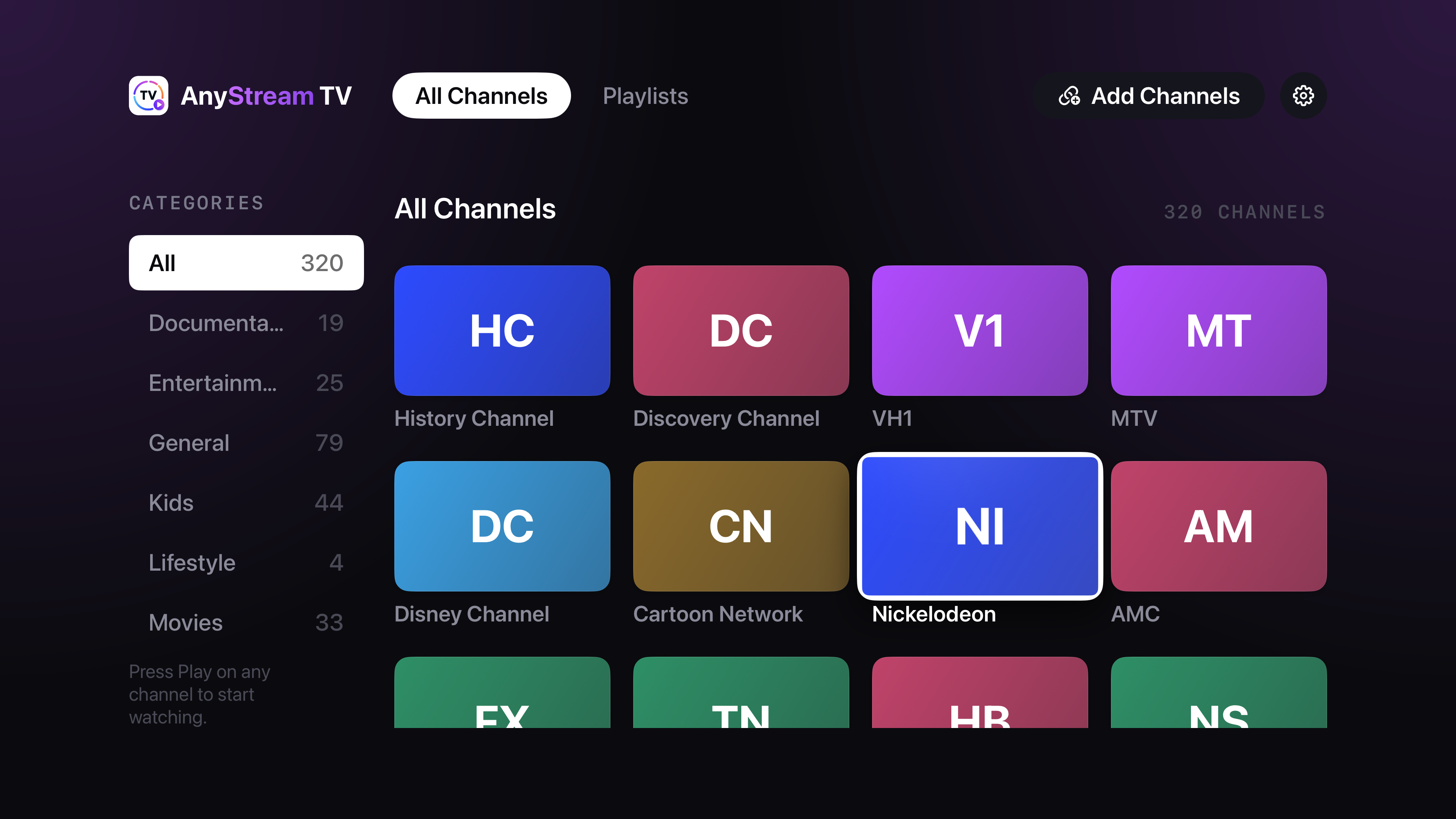 AnyStream TV on Apple TV, with category navigation and a grid of imported channels