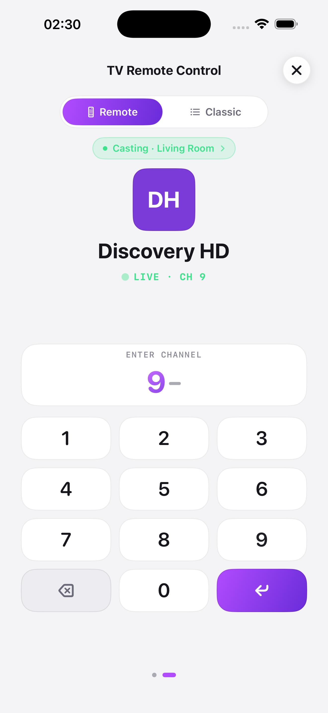 iPhone remote keypad for entering a channel number