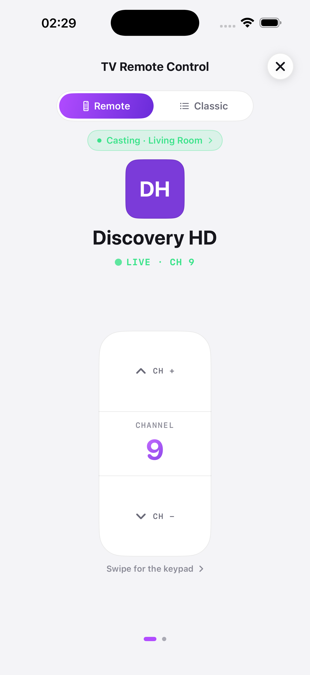 iPhone remote with CH+ and CH− controls while casting to the living room