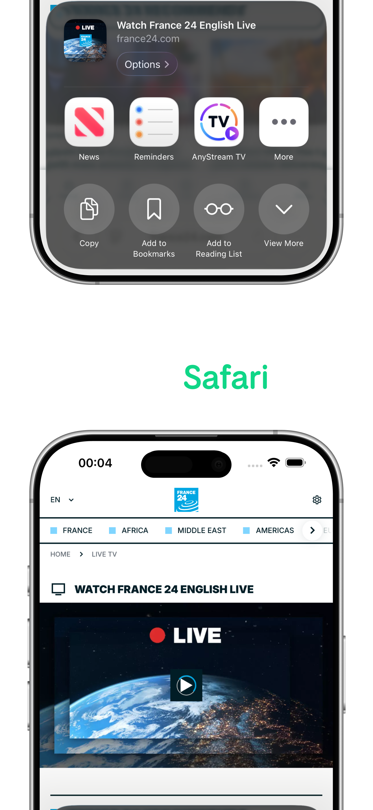 Safari share sheet with AnyStream TV selected as a sharing destination